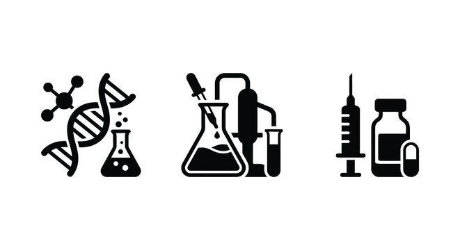 Laboratory equipment including dna structure flask and syringe in black silhouette helix deoxyribonucleic acid genetic code molecular biology