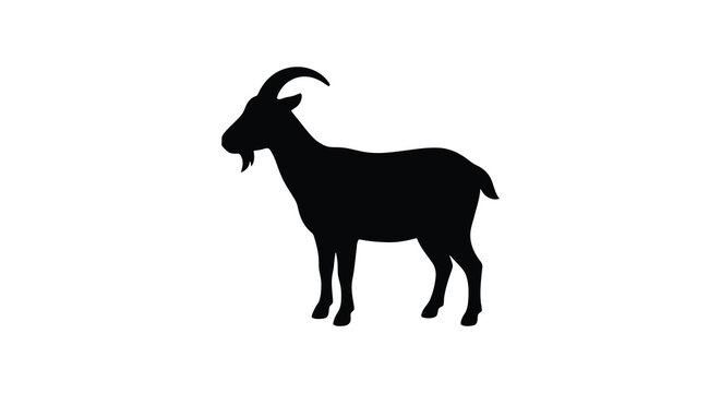 A black silhouette of a male goat standing in profile against a white background silhouette caprine billy buck