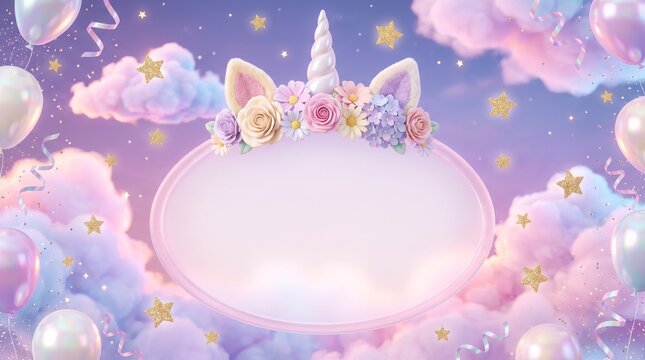 Dreamy Pastel Unicorn Party Frame Render With Glowing Stars And Copy Space