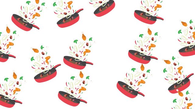 Red frying pans with assorted colorful vegetables and floating food items create a captivating pattern background wallpaper. Perfect for kitchenthemed designs.