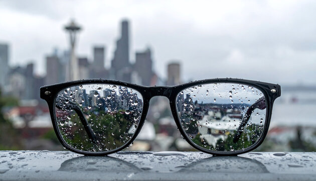 Rainspeckled glasses focus on a blurry city skyline, evoking a nostalgic mood of clarity on a beautiful rainy day. This represents vision and perspective. There are no people.