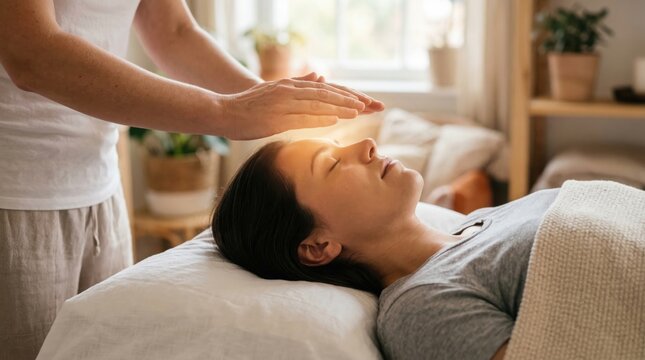 A woman lies peacefully while receiving a reiki energy healing treatment from a practitioner. This illustrates holistic wellness practices, ideal for health and mindful living projects.