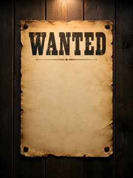 Vintage wanted poster on dark wood background, blank wild west parchment paper, rustic western outlaw reward template