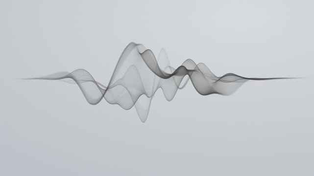 Black sound wave on white background. Blurred amplitude of noise particles on light screen. Abstract musical monochrome equalizer, smoke-like translucent waveform peaks, infinite loop 60fps.
