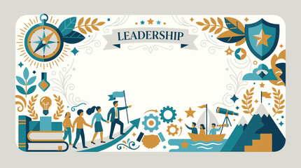 Obraz premium Leadership and teamwork border with compass and mountain peak.