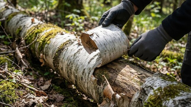 Gloved hands peel white birch bark from a mossy fallen log. This highlights sustainable foraging, natural crafts, and wilderness survival themes.