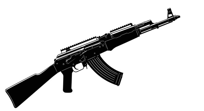 A detailed black and white silhouette illustration of a modern assault rifle isolated on a clean white background design