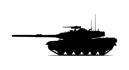 A detailed black silhouette of a heavy military battle tank isolated on a clean white background for design projects © Arfan24