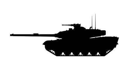 A black silhouette of a modern military battle tank isolated on a white background representing armored combat vehicle power © Arfan24