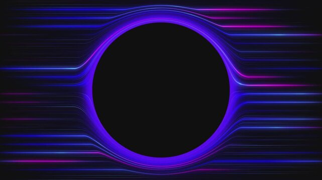 Blue portal of neon glow. Black hole on vector digital background. 3D sphere with LED glowing line rings, gradient technology backdrop, futuristic tunnel effect with pink and purple streaks.