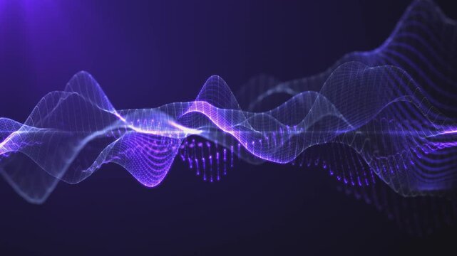 Blue background of information technology waves. Futuristic digital wave pattern on deep blue backdrop. Glowing neon particles shaping a rippling mesh terrain, big data flow of digital gradient blue