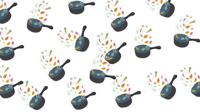 Cooking pans with floating vegetables create a vibrant culinary design pattern for kitchen backgrounds. Suitable for foodthemed designs.