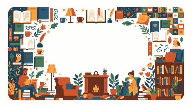 Home library border with bookshelves and readers.