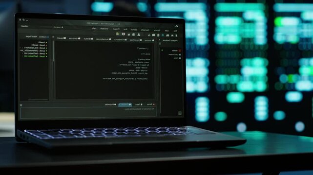In a server farm, software developer checks infrastructure energy use with a laptop, supporting energy efficiency, power use control and database reliability during practical IT operations