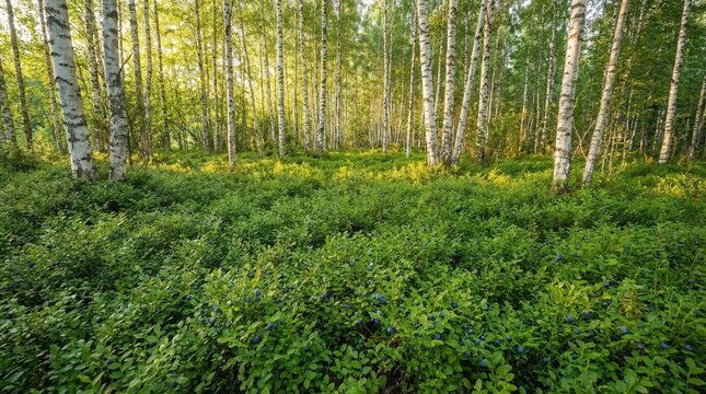 Lush green wild blueberry bushes carpet a serene birch forest floor bathed in soft sunlight. This natural scene evokes wellness, organic foraging, and sustainable outdoor lifestyle.