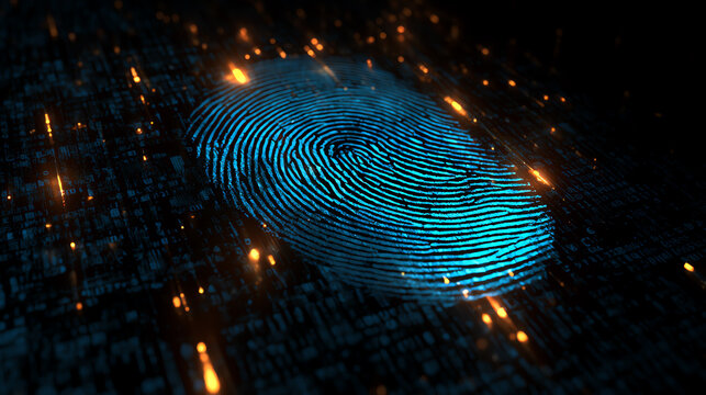 A digital fingerprint glowing in a futuristic setting, symbolizing cybersecurity and identity verification in the age of technology and innovation.