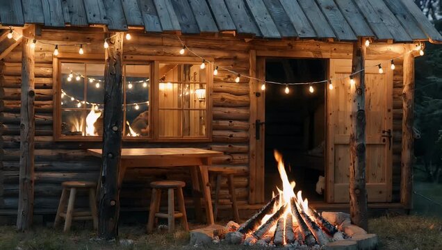 Cozy 4K mountain lifestyle footage showing a rustic log cabin retreat at twilight featuring a warm campfire crackling in the foreground beneath strings of glowing warm toned outdoor cafe lights