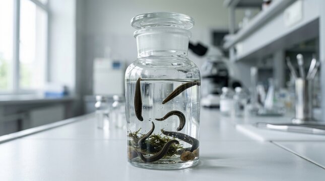 Medicinal leeches are preserved in a clear glass jar with water and moss on a laboratory bench. Perfect for scientific research, biological studies, or alternative medicine applications.