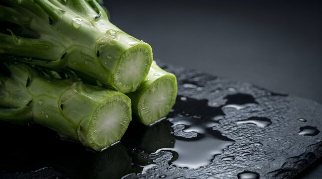 Wet raw broccoli stems on dark slate stone background, zero food waste and root-to-stem cooking concept with copy space