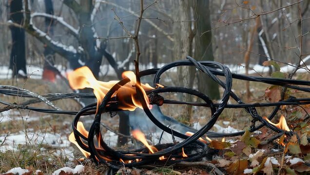 Intense 4K environmental stock footage capturing electrical transmission cables actively short circuiting and catching fire inside a frozen winter woodland showing realistic orange flames and thick