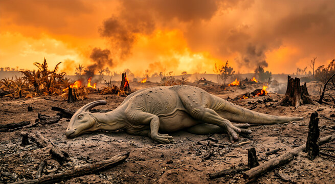 Lifeless Parasaurolophus dinosaur on ash covered ground. Prehistoric extinction event with burning forest and orange smoky sky