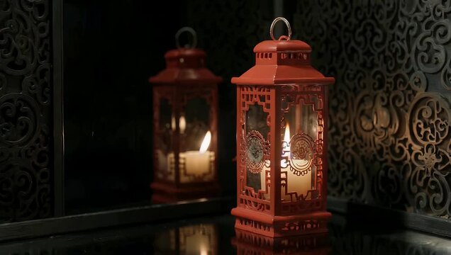 Poignant atmospheric footage displaying a red memorial candle box with a flickering wick casting long shadows across a polished black reflective mirror surface