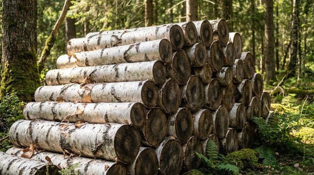 Birch logs with white bark are neatly stacked in a sunlit forest. Perfect for sustainable forestry, renewable energy, and natural material design projects.