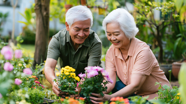 A joyful elderly couple gardening together, tending to colorful flowers in their backyard. Their smiles reflect happiness and a shared passion for nature.