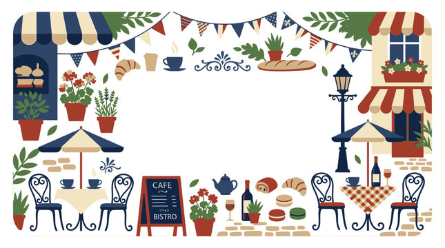 European outdoor bistro scene with decorative flower cafe frame.
