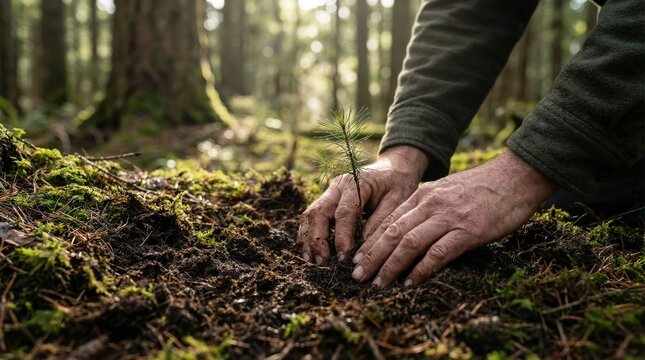 Hands carefully plant a small evergreen sapling into rich, moss-covered forest soil. This powerful image represents environmental conservation, sustainable living, and vital reforestation efforts.