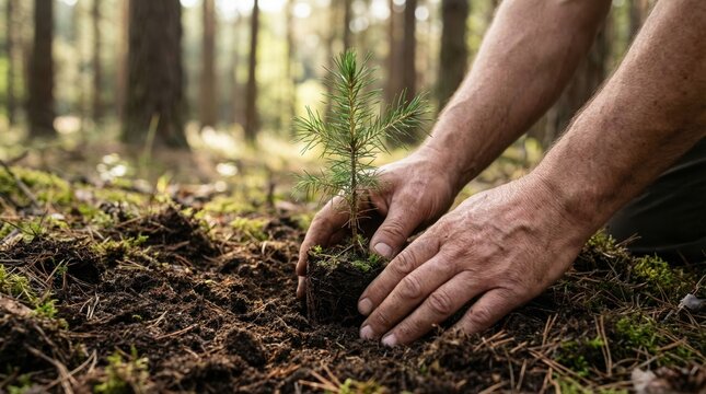 Close-up shows hands carefully planting a small evergreen seedling into rich forest soil. This imagery signifies reforestation, sustainability, and environmental protection initiatives.
