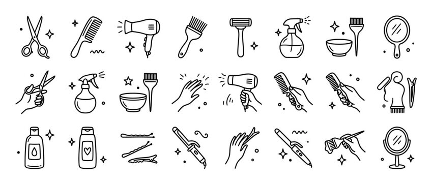 Hairdressing Tools and Accessories Collection Doodle Icons
