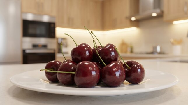 Fresh, ripe red cherries with green stems are beautifully arranged on a white plate. Ideal for healthy eating, recipe, and wholesome lifestyle themes in commercial projects.