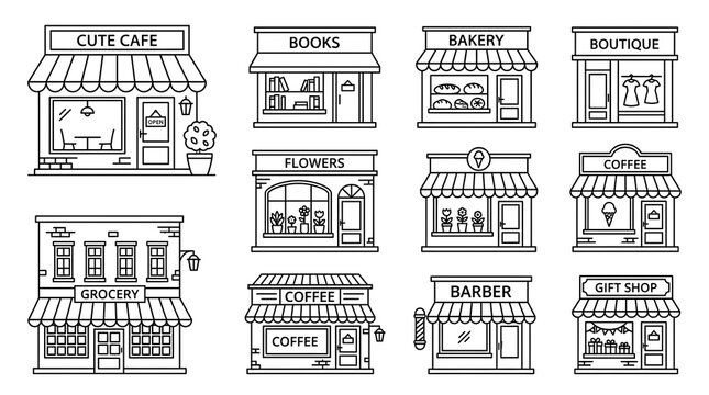 Set of detailed storefront shop signs and facades. Commercial building signage and shopfront designs for retail businesses.