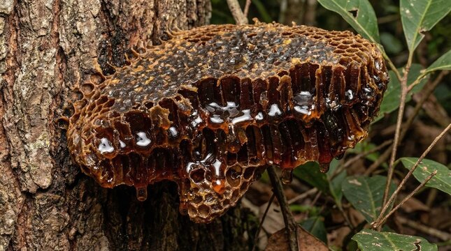 A natural wild honeycomb, filled with dark raw honey, hangs from a jungle tree trunk. It symbolizes organic sweetness, sustainable harvesting, and natural health products.