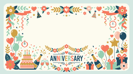 Obraz premium Colorful anniversary celebration frame with party icons.