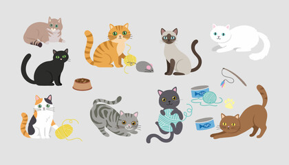 Cats in various poses are illustrated as a collection of domestic animals engaging in playful activities with yarn and toys. © Awais