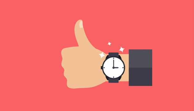 Hand gesture showing a thumbs up is paired with a wristwatch to represent punctuality and business efficiency.