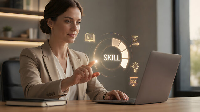 Businesswoman using a digital skills interface on a laptop, representing professional development, online learning, employee training, upskilling, and career growth.