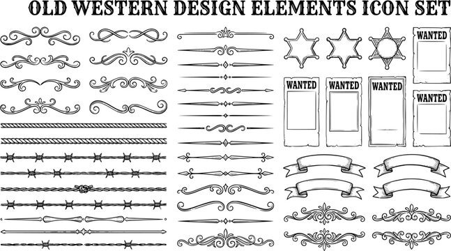 Old Western Design Elements Icon Set Embellishment Borders Divider Lines Scroll Ornate Flourish Wanted Poster Frame Banner Ribbon Rope Border Sheriff Star Barbed Wire Vector	