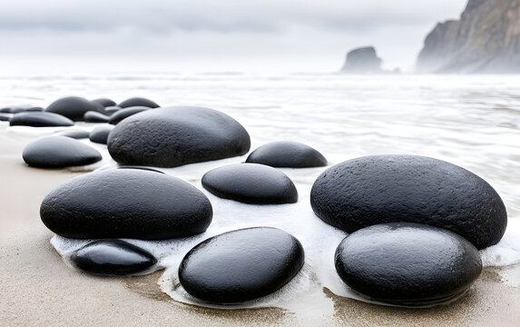 Smooth dark stones rest on wet sand at ocean shore. Gentle wave foam laps rocky beach. Calm sea water meets coast with large rocks in background.