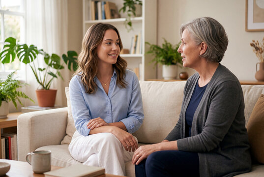 Mother and adult daughter talking on living room sofa