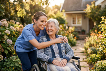 Fototapeta premium Female caregiver pushing a senior woman in a wheelchair through a sunny garden