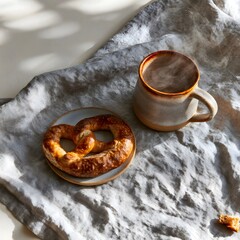 Fototapeta premium Soft pretzel and stoneware mug on rustic autumn linen tablecloth