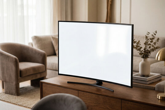 Blank digital television screen on a wooden stand in a modern cozy living room interior