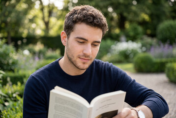 Fototapeta premium Young man reading book in summer garden