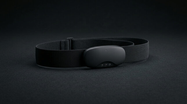 A black smart chest strap with a small oval sensor and indicator lights, representing health tracking and fitness technology for active lifestyle.