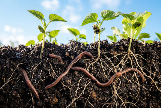 Multiple earthworms tunneling gracefully through rich dark soil beneath vibrant green seedlings
