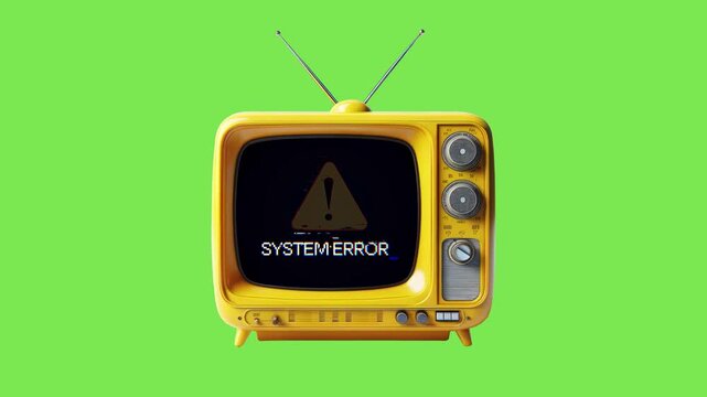 Vintage yellow television displaying a system error warning message on screen against a solid green background