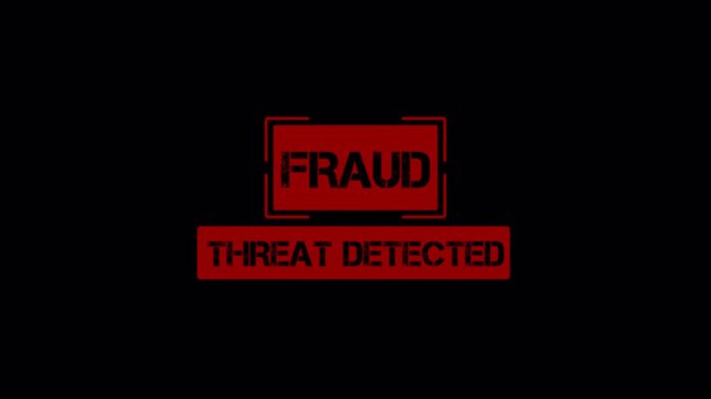 fraud threat detected warning animation with digital security alert display.